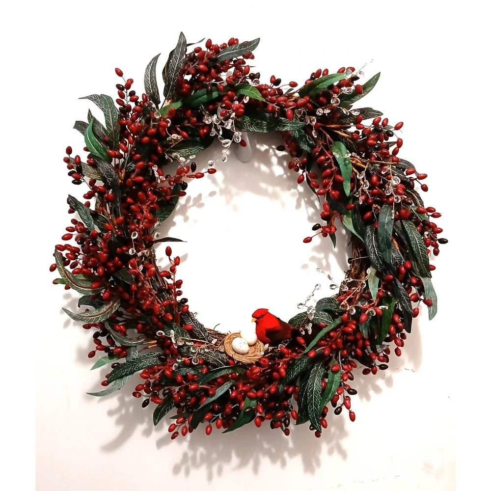 Winter Berries Door Wreath Realistic Red CARDINAL‎ Egg Nest Holiday Ice Crystals